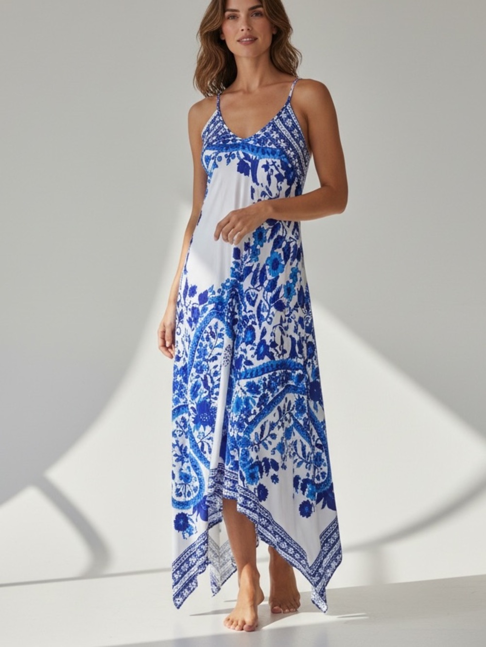 a'gaci Blue & White Paisley Handkerchief-Hem Maxi High low dress